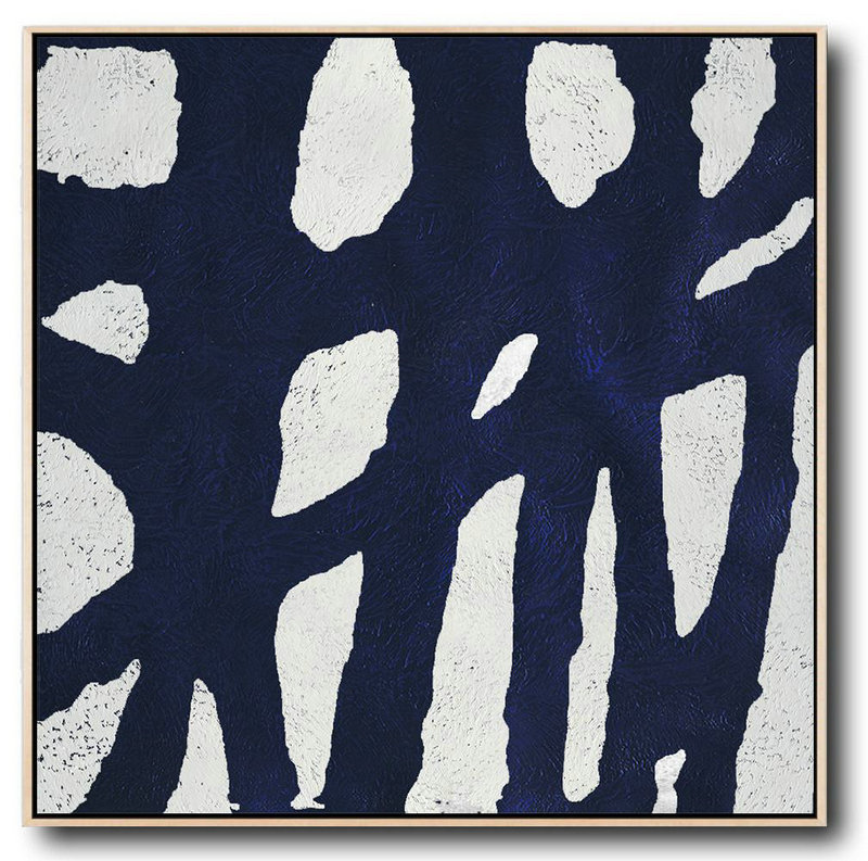 Extra Large Abstract Painting On Canvas,Hand-Painted Oversized Minimalist Navy Blue And White Painting,Modern Art #I3X3